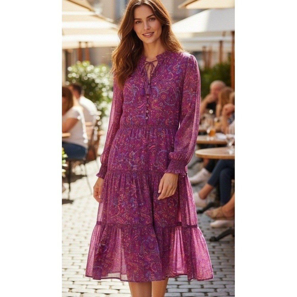 Beach Lunch Lounge Maxi Dress Paisley Tiered Prairie Ruffled Sheer Tie NWT Sz M